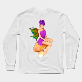 Smiling fairy faerie elf in pink sitting on toadstool, with purple hair - I believe in fairies Long Sleeve T-Shirt